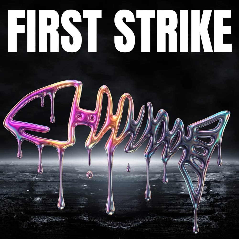 First Strike poster: a chrome fish skeleton dripping paint, with a holographic foil