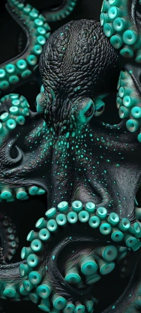 Dark octopus with glowing teal suckers coiled across a black background