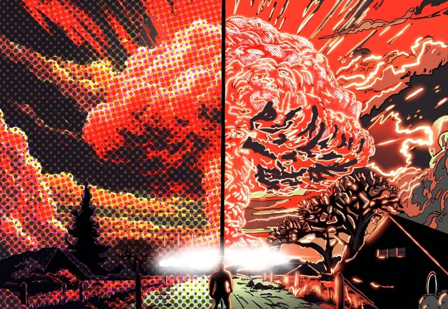 Explosion split into halftone and neon line work