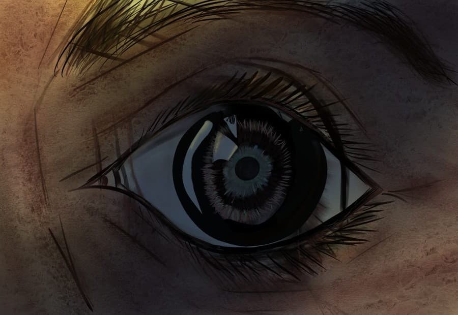 Close study of an eye with a dark reflective iris