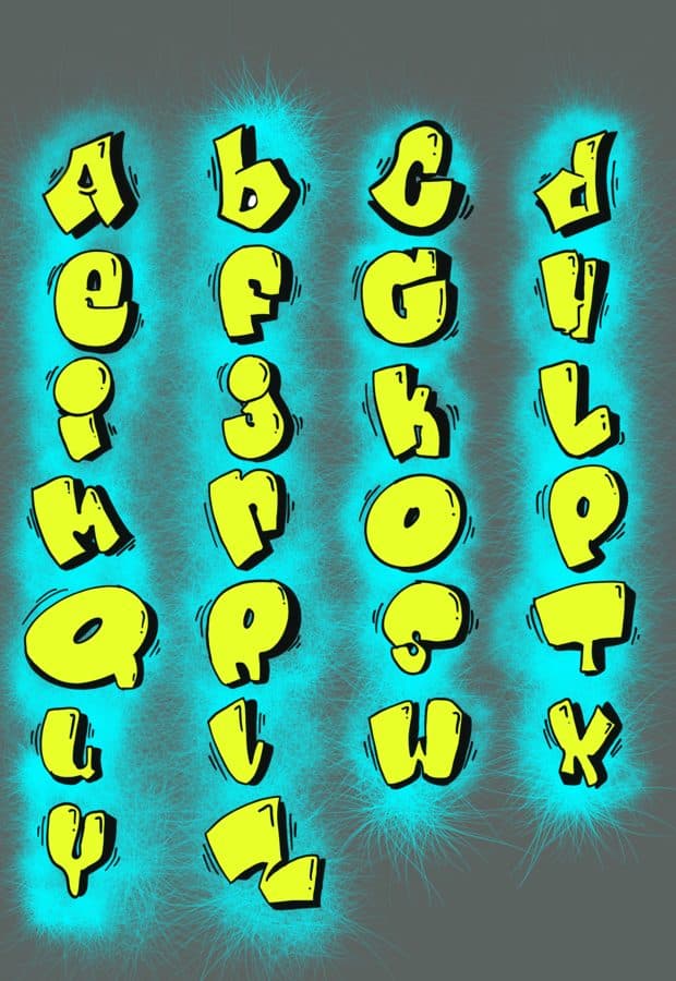 Yellow bubble letter alphabet with a cyan glow