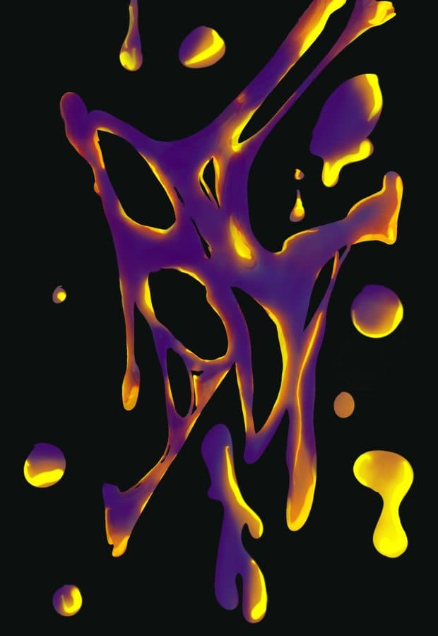Purple and gold liquid shapes on black