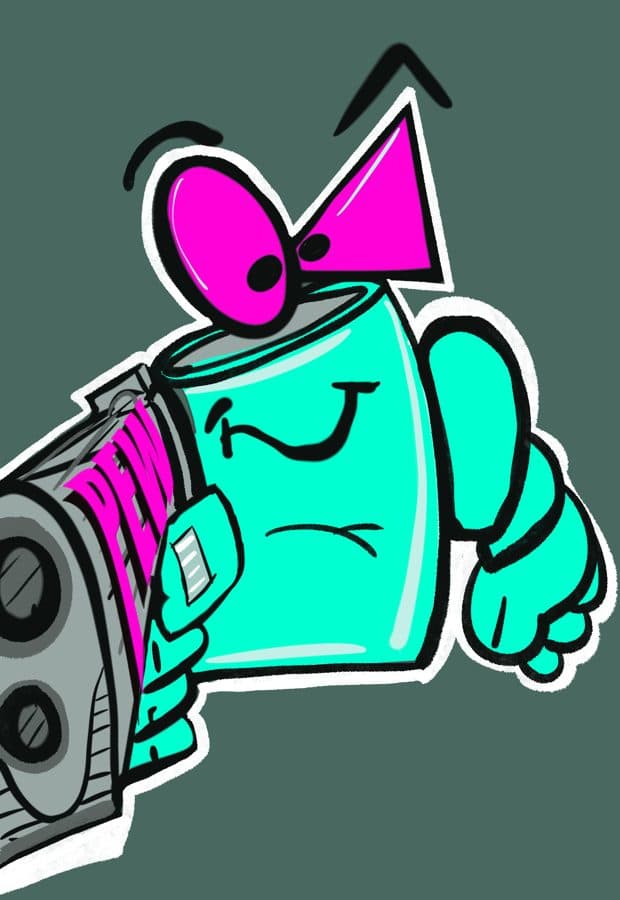 Teal cartoon character holding a grey blaster