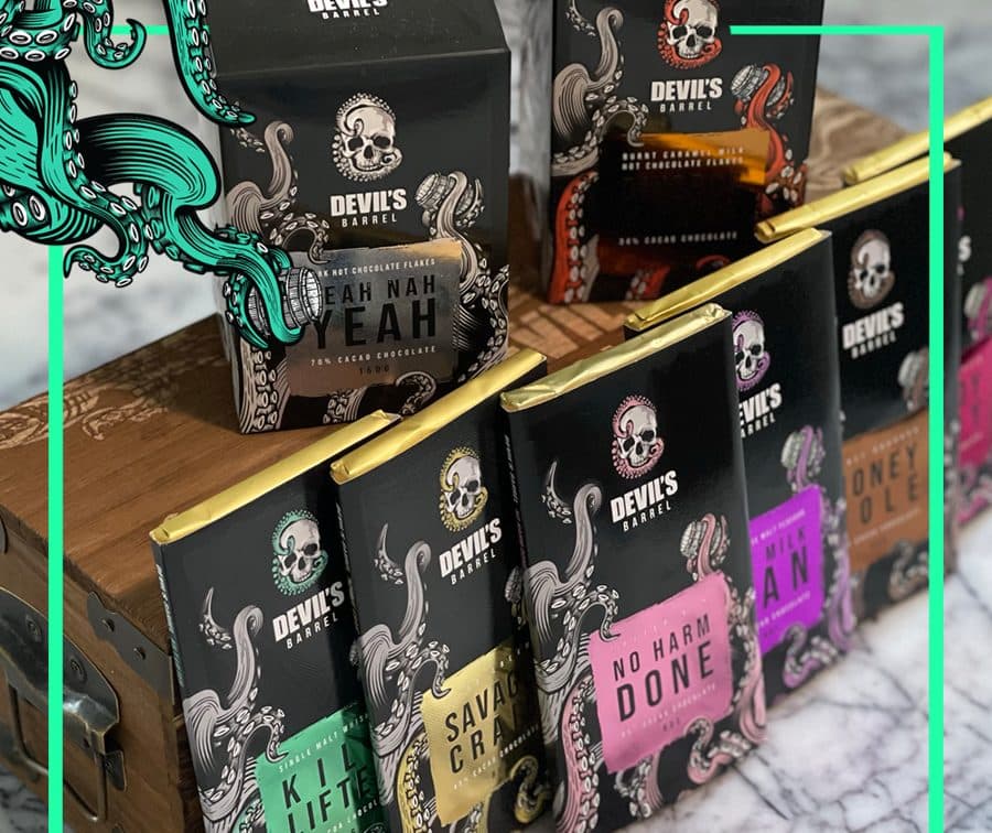 Devil’s Barrel chocolate bars stacked on a retail display