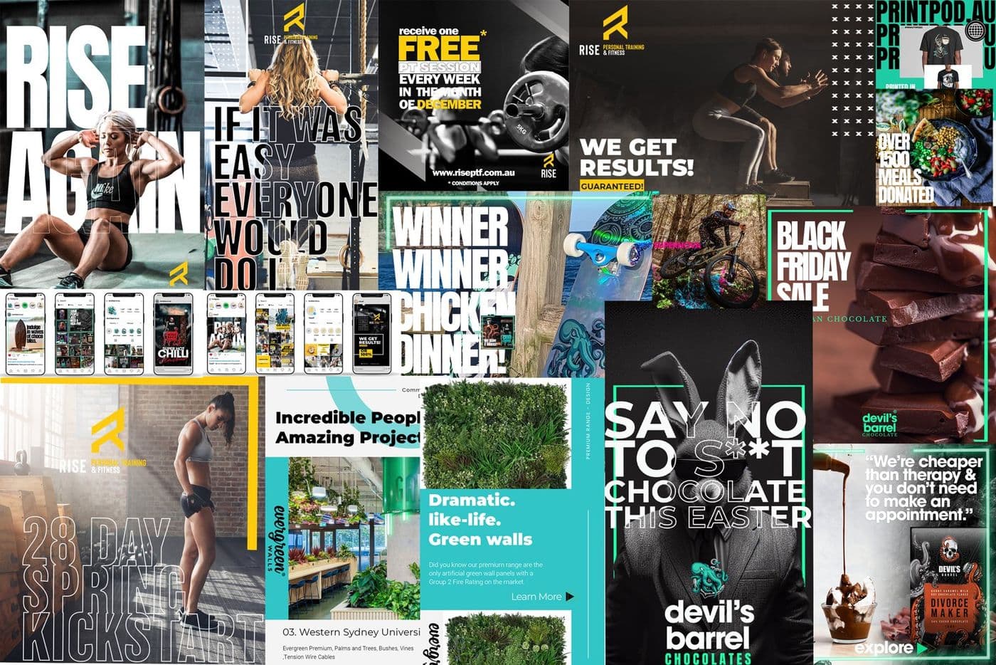 Collage of campaign, social and brand work for small brands