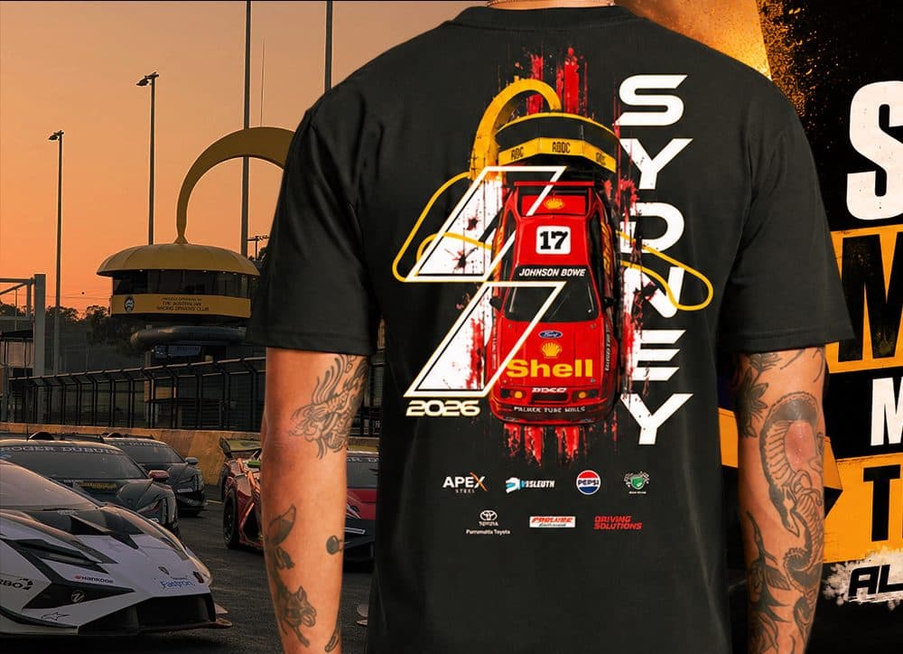 Sydney Motorsport Park event T-shirt in front of the track at sunset